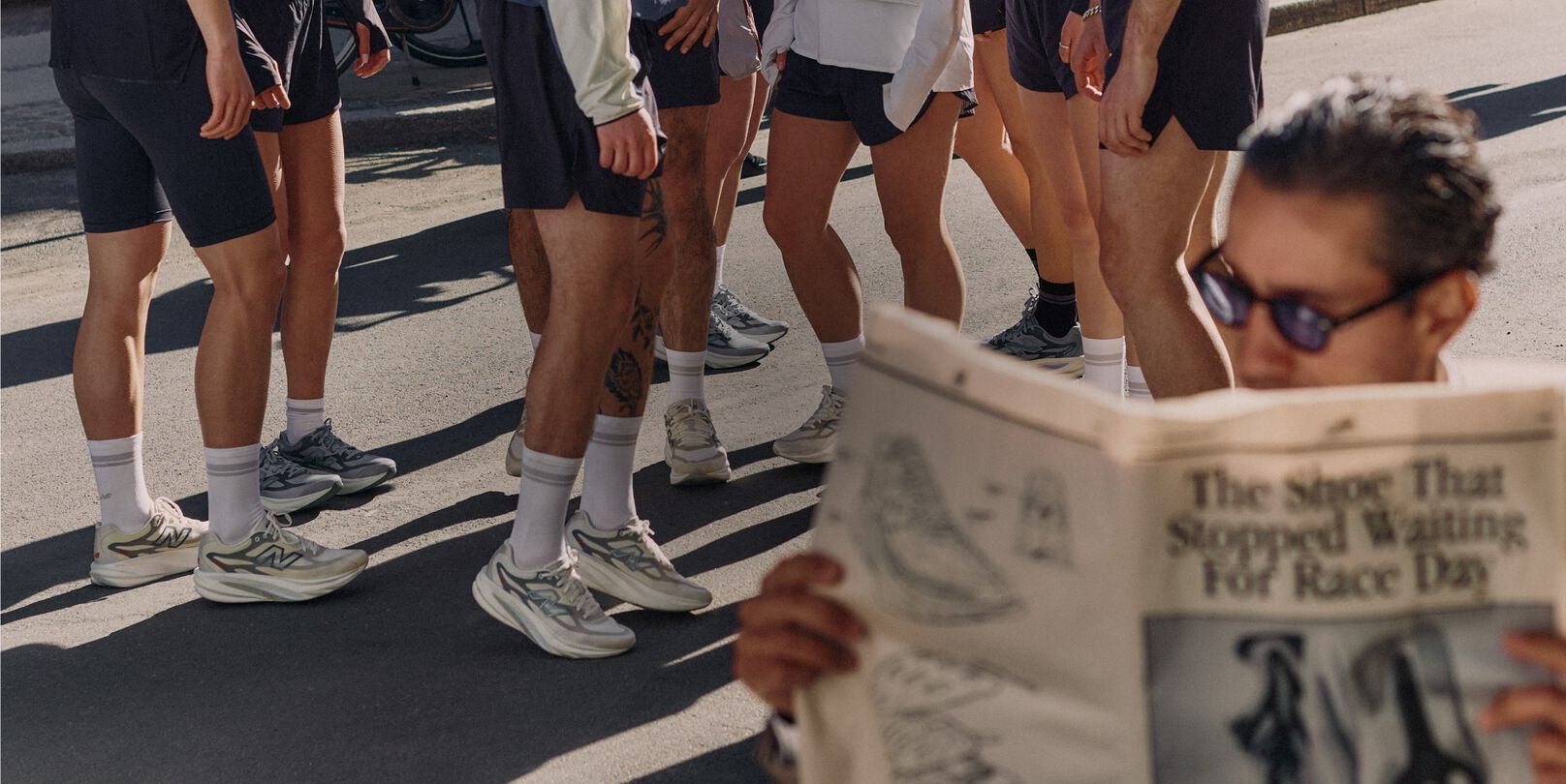 A man reading a newspaper with runners wearing New Balance sneakers in the background. Split image of New Balance running sneakers placed on a newspaper, and a man mid-jog.
